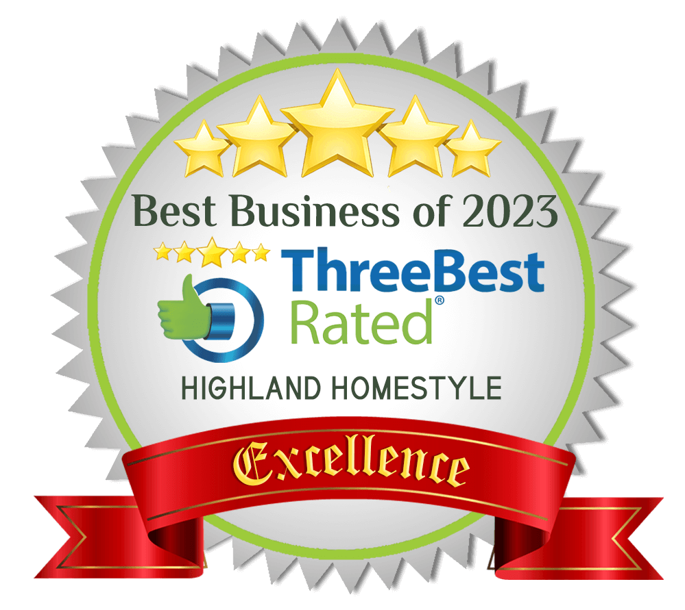 A circular badge with gold stars and text reading Best Business of 2023, ThreeBest Rated, Highland Homestyle—in recognition of excellence in uPVC windows Perth—with a red ribbon at the bottom labeled Excellence.