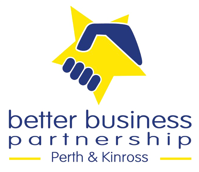 Logo with two stylized hands shaking in front of a yellow star, above the words better business partnership Perth & Kinross in blue lowercase letters—reflecting trusted connections like Cairnview Windows and Doors or uPVC doors Perth.