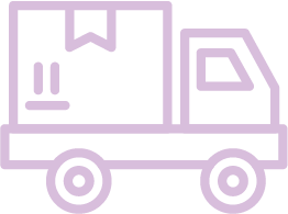 Light purple line drawing of a delivery truck carrying a large box with a label and a smiling face symbol—perfect for delivering quality uPVC doors Perth or uPVC windows Perth.