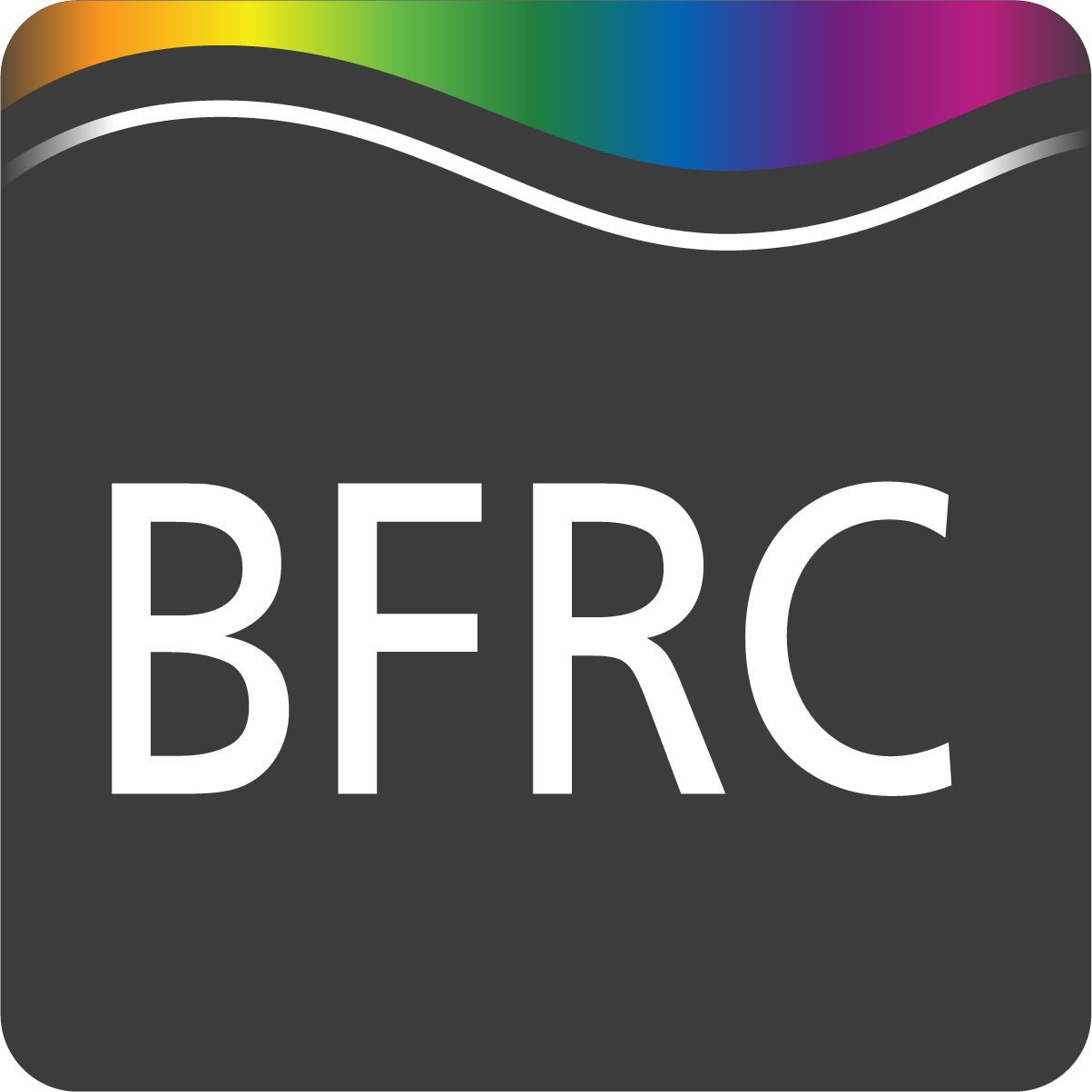 A dark grey rectangle with BFRC in large white letters, topped by a curved stripe showing a rainbow gradient from yellow to purple—ideal for showcasing uPVC windows Perth by Cairnview Windows and Doors.