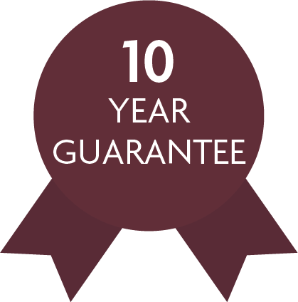 A maroon ribbon badge with the text 10 YEAR GUARANTEE in white capital letters in the center, perfect for highlighting the quality of doors and uPVC windows Perth homeowners trust.