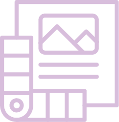 A purple outline icon of a color swatch book next to a sheet of paper with an image of mountains and lines, representing graphic or design work for Cairnview Windows and Doors or uPVC doors Perth.