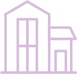 Simple purple line drawing of two connected buildings: one tall with a peaked roof, uPVC windows, and double doors, and one smaller with a single door and slanted roof, resembling a house and garage.