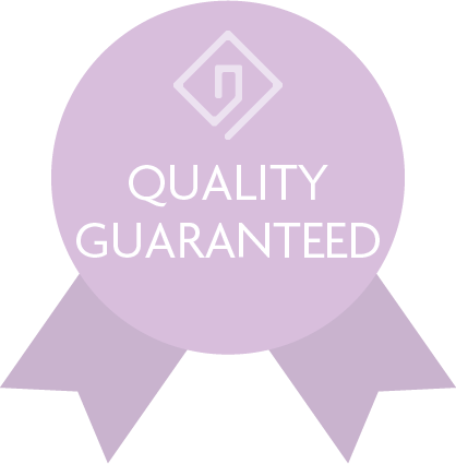A purple ribbon badge with a geometric diamond-like icon above the words QUALITY GUARANTEED in white capital letters—ideal for businesses offering doors or uPVC windows Perth.