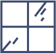 Simple line drawing of a four-pane window with two panes showing diagonal streaks, suggesting reflections or markings, all outlined in dark blue—perfect for illustrating uPVC windows Perth.