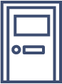 Simple blue line drawing of a closed door with a rectangular window at the top and a round doorknob on the left side, ideal for illustrating modern doors and uPVC windows Perth.