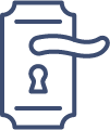 A simple, blue outline illustration of a door handle and keyhole on a rectangular backplate, reflecting the sleek designs offered by Cairnview Windows and Doors.