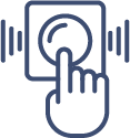 A simple line drawing of a hand pressing a round button, with motion lines on both sides indicating action or activation—perfect for illustrating smart features in modern uPVC windows perth from Cairnview Windows and Doors.