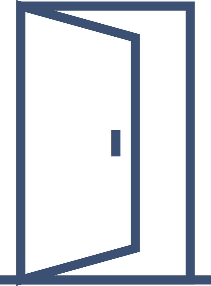 Simple blue outline illustration of an open door, viewed from the front, with the door slightly ajar and a visible rectangular handle—ideal for showcasing modern uPVC doors Perth style.