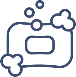 Outline drawing of a bar of soap with bubbles around it, representing cleanliness or washing—perfect for businesses like uPVC doors Perth or windows and doors suppliers focused on hygiene.