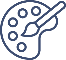 A simple blue outline of an artist’s paint palette with six paint wells and a paintbrush resting across it, displayed on a white background—an artistic nod perfect for Cairnview Windows and Doors in Perthshire.