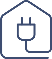 A simple blue outline of a house with an electrical plug inside, representing home electricity or energy use—perfect for highlighting energy-efficient features like uPVC doors Perth and windows.