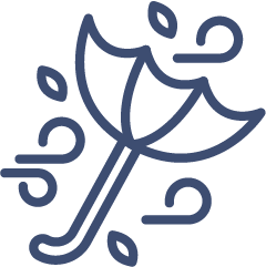 A line drawing of an umbrella being blown by the wind in Perthshire, with swirling lines, doors ajar, and leaves indicating strong gusts.