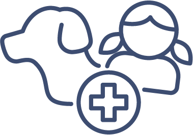 Outline icon of a dog and a child with pigtails, with a medical cross symbol in front, representing veterinary care or pet therapy for children—perfect wall art for clinics or spaces like Cairnview Windows and Doors showrooms.