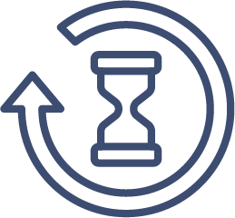 A simple dark blue outline of an hourglass inside a circular arrow, symbolizing the concept of time, waiting, or process duration—perfect for Perthshire doors or windows services highlighting efficiency.