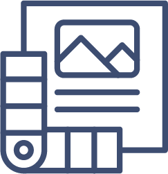 An icon showing a color swatch book next to a paper with an image of mountains and lines of text, representing creative work like designing windows or uPVC doors Perth.