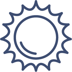 Simple line drawing of a sun with rays extending outward from a central circle, depicted in a dark blue color—perfect for brightening up any uPVC doors Perth homes or businesses.