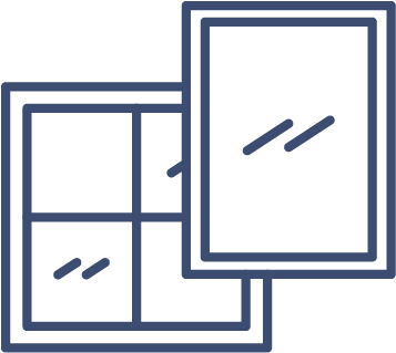 Two simple line drawings of windows overlap; one has four panes, while the other is a single pane with two reflection marks. Both are outlined in blue, reflecting the sleek style of modern uPVC windows Perth homes love.